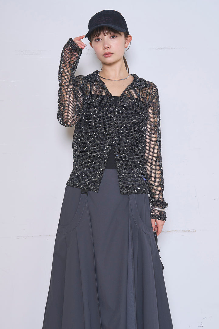 [SET]ネップメッシュポロ襟カーディガン+ラップレイヤードアシンメトリーデザインスカート(2set)