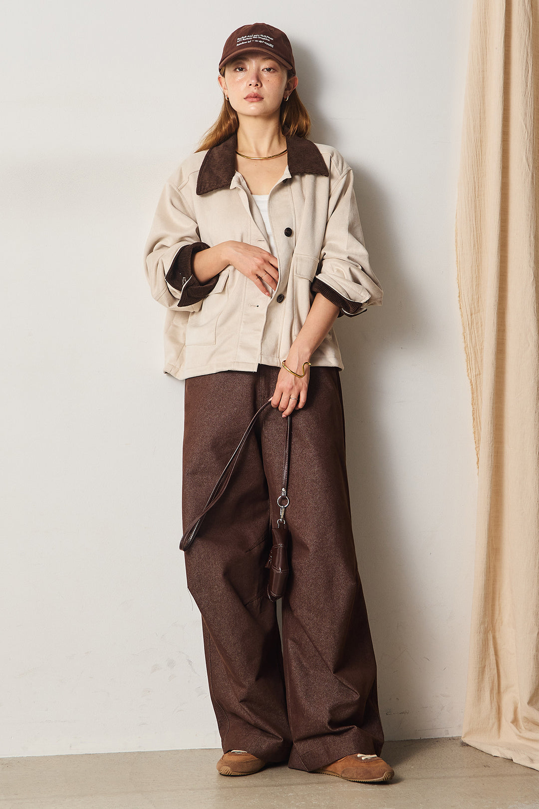 [SET]襟コーデュロイスウェードジャケット+デザインワイドデニムパンツ(2set)