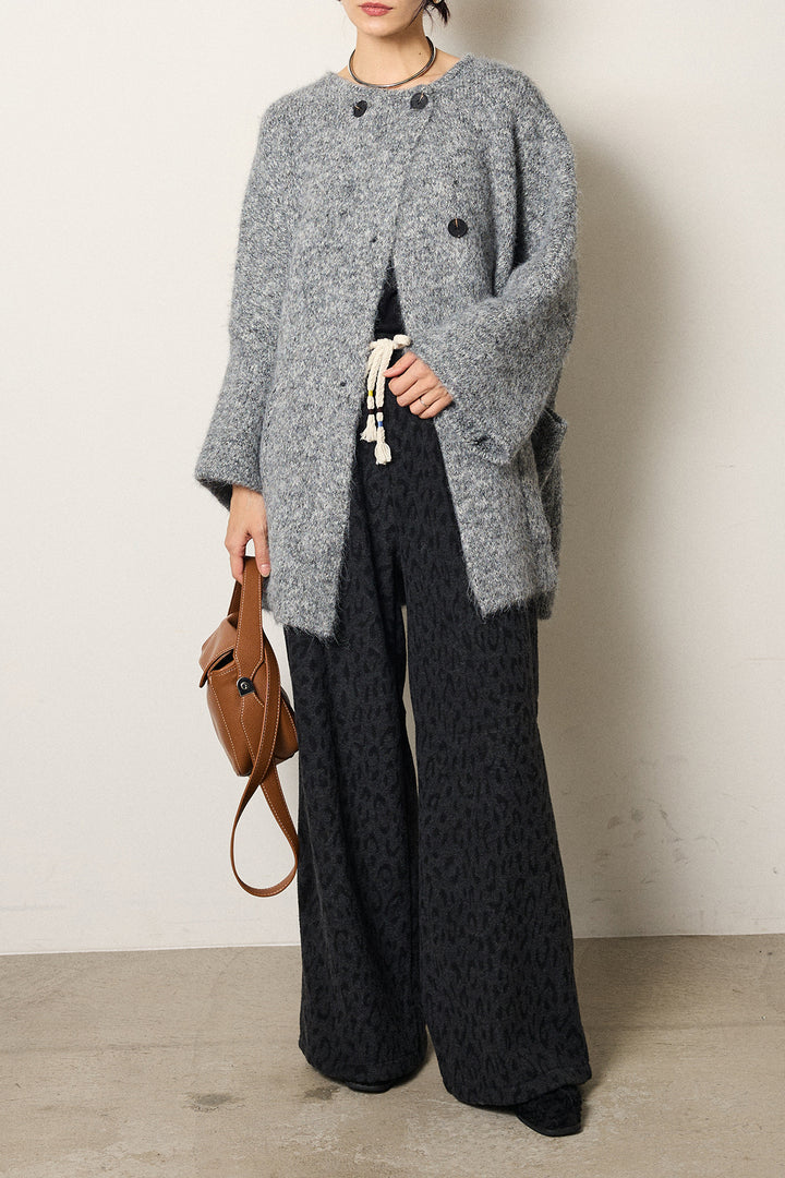 [SET]アシンメトリーボタンニットカーディガン+レオパードジャガードニットパンツ(2set)