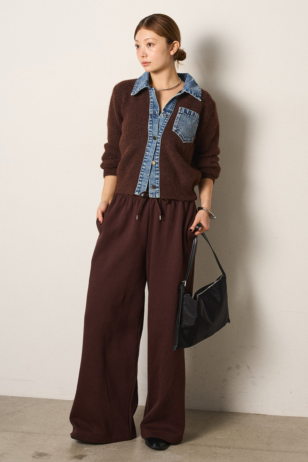 [SET]襟付きデニム切替ニットカーディガン+裏起毛スウェットワイドパンツ(2set)