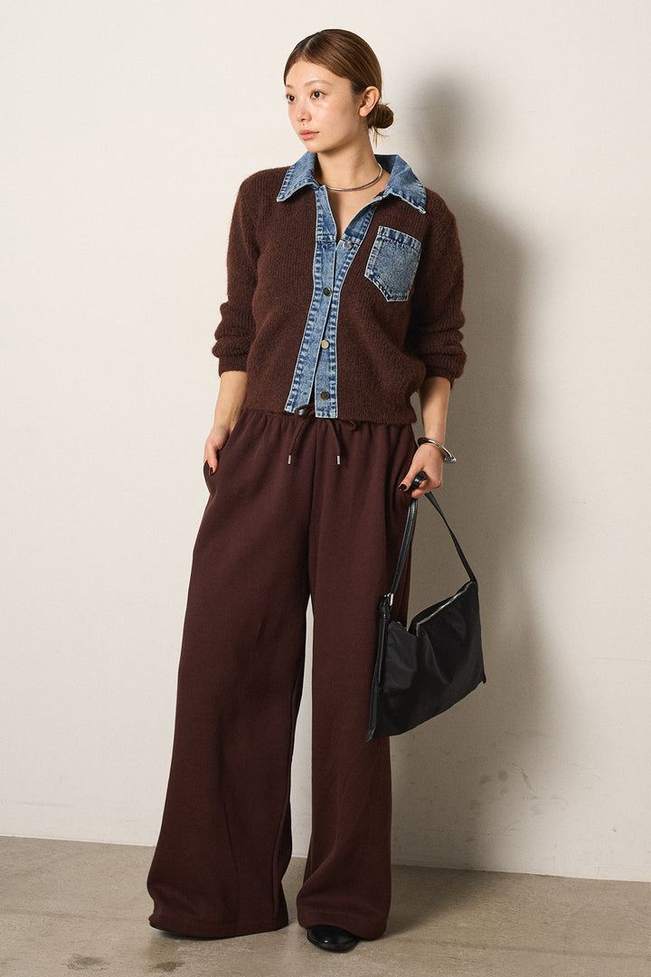 [SET]襟付きデニム切替ニットカーディガン+裏起毛スウェットワイドパンツ(2set)