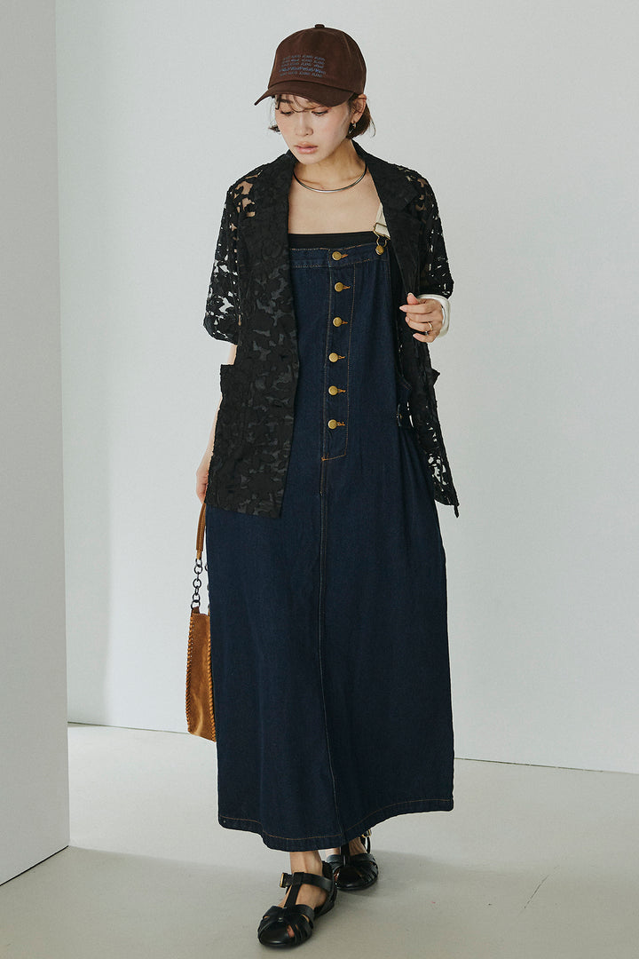 [SET]シアージャガードハーフスリーブテーラードジャケット+配色ショルダーデニムサロペットスカート(2set)