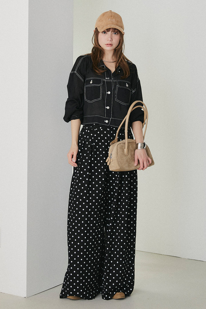 [SET]配色ステッチシアーシャツ+ベルト付きドット柄ワイドパンツ(2set)
