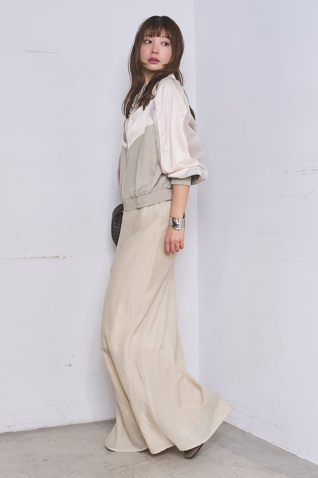 [SET]異素材切替ZIPブルゾン+リネンブレンドロングナロースカート(2set)