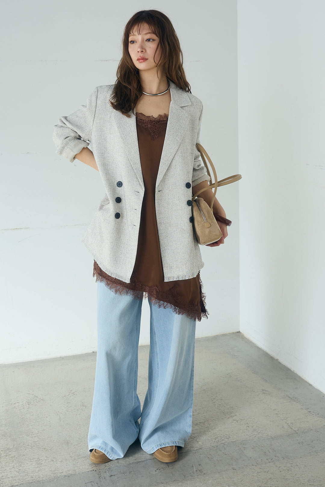 [SET]スラブネップツイードフリンジテーラードジャケット+ウエスト裁ち切りデニムワイドパンツ(2set)