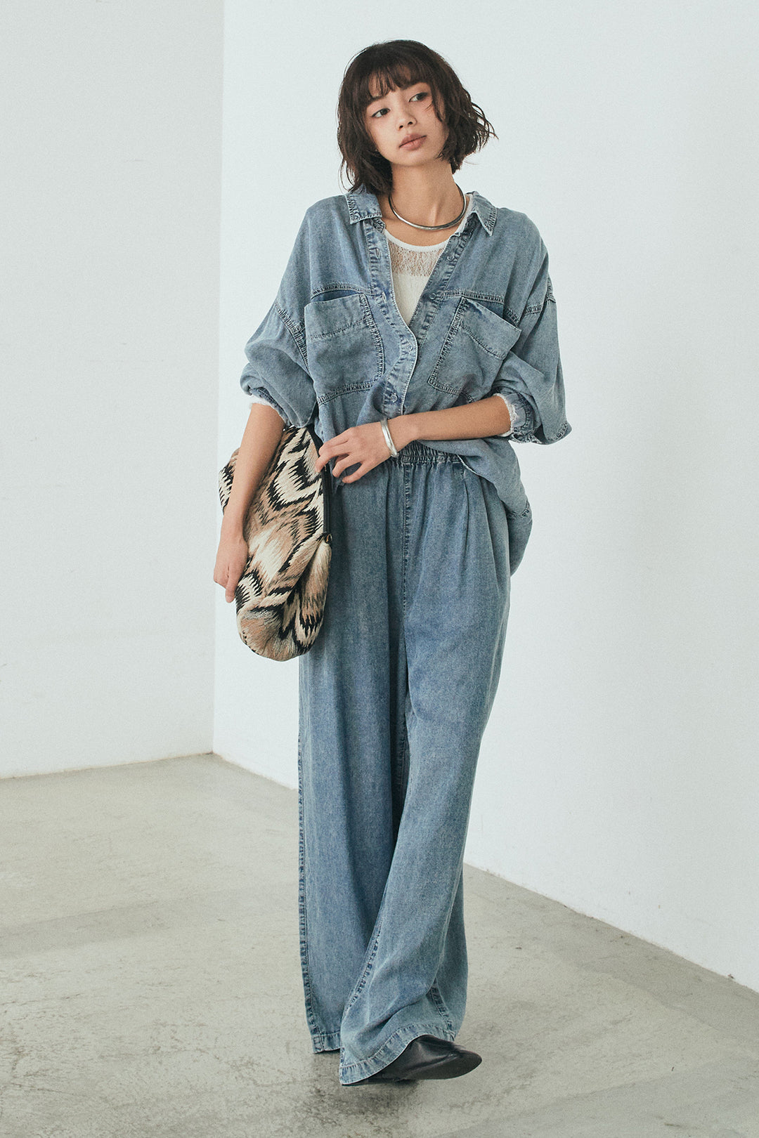 【着回しセット】[SET]テンセルデニムシャツ+テンセルデニムイージーワイドパンツ+ナイロンデニムドッキングブルゾン(3set)