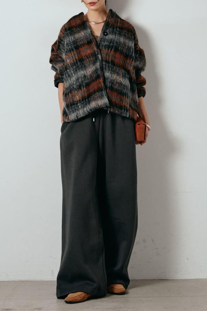 [SET]ノーカラーシャギーチェックアウター+裏起毛スウェットワイドパンツ(2set)