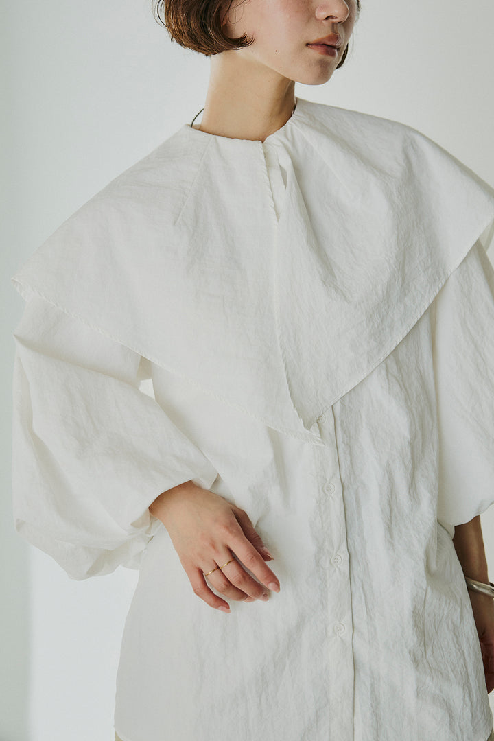 [SET]ケープカラーナイロンブラウス+サイドベルトカーブワイドパンツ(2set)