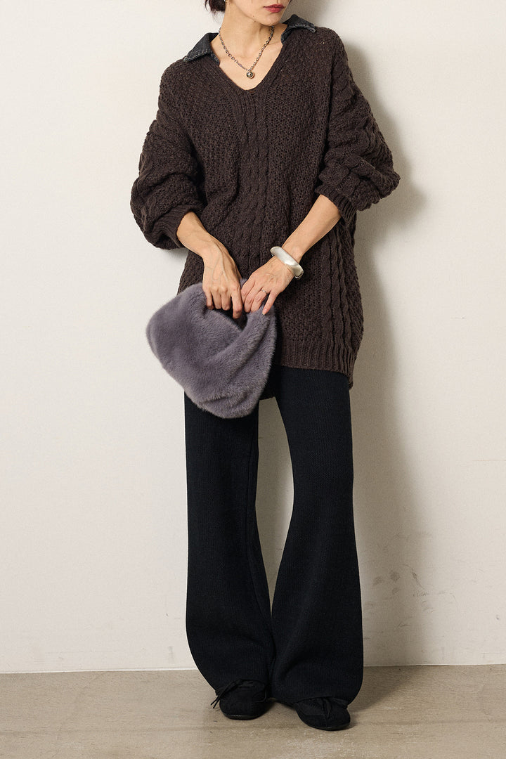 [SET]デニムカラーケーブルオーバーニット+ワイドリブニットイージーパンツ(2set)