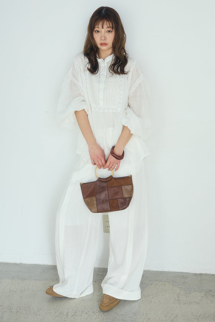 [SET]レース刺繍ラインバンドカラーシャツ+リネン混サイドベルトパンツ(2set)