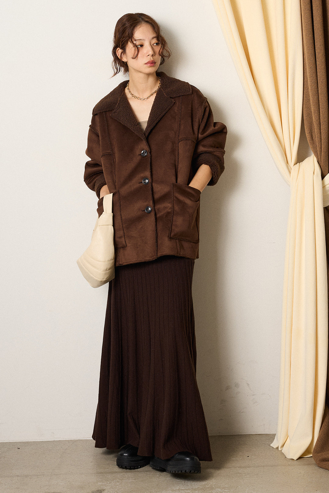 [SET]エコムートンカバーオール+編み地切り替えフレアニットスカート(2set)