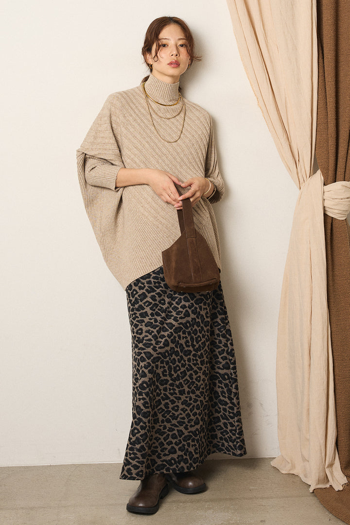 [SET]アシメデザインリブポンチョニットトップス+レオパードロングスカート(2set)