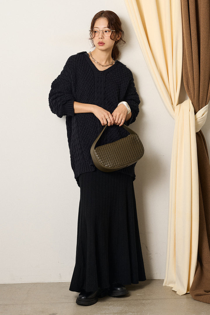 [SET]デニムカラーケーブルオーバーニット+編み地切り替えフレアニットスカート(2set)