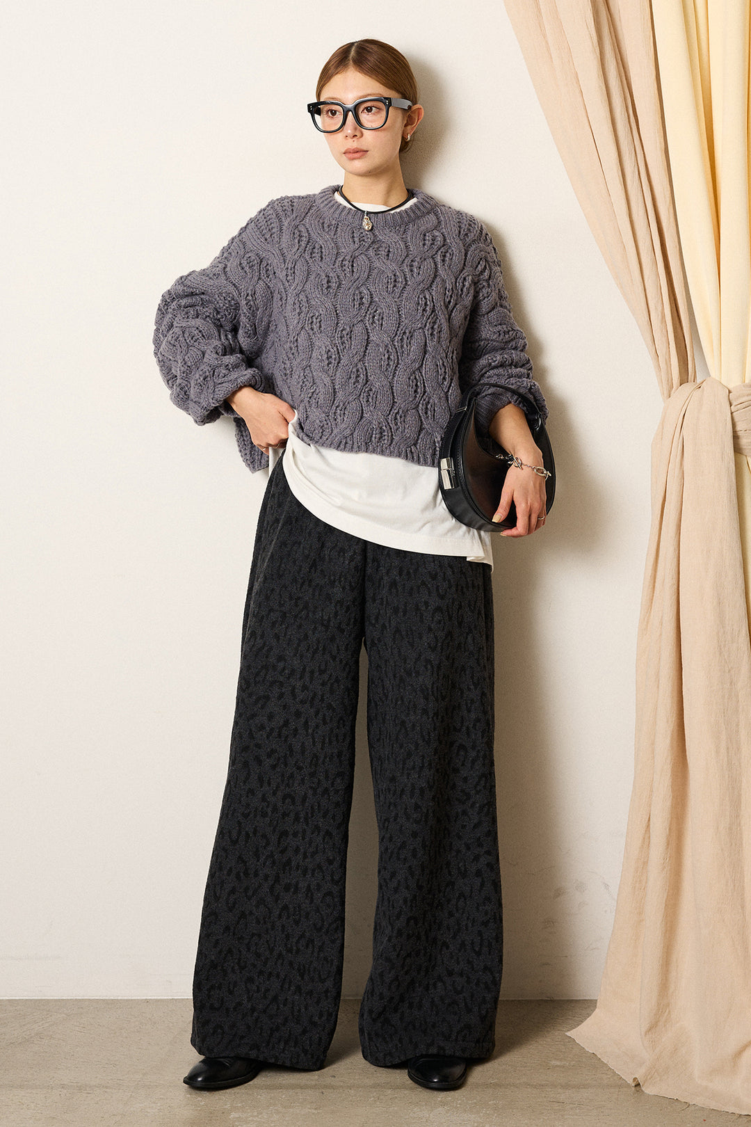 [SET]ケーブルリラックスショートニット+レオパードジャガードニットパンツ(2set)