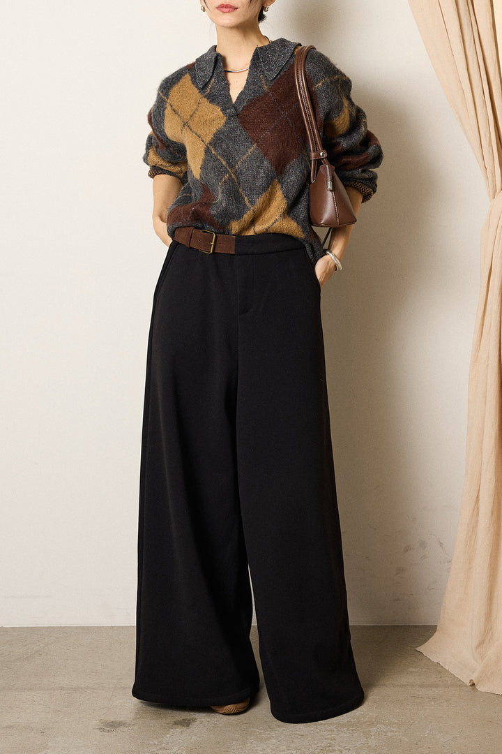 [SET]アクリルモヘアアーガイルキーネックプルオーバー+サイドベルトパンツ(2set)