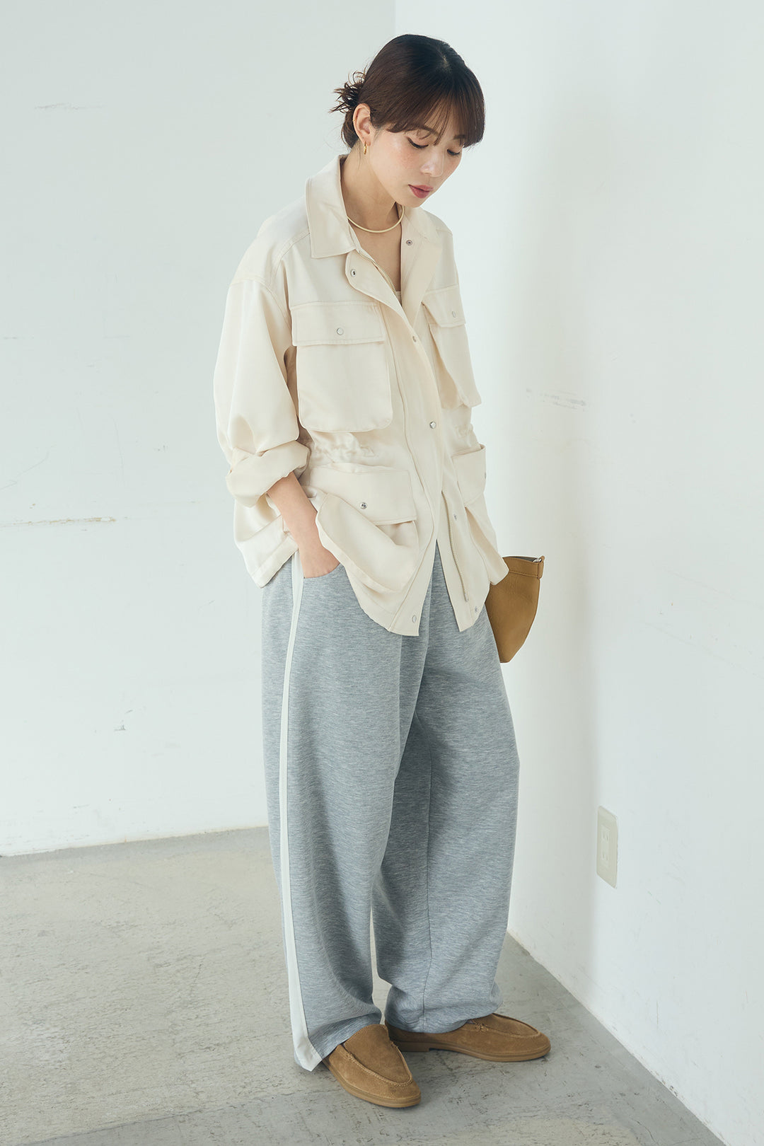 [SET]サテンライトブルゾン+異素材切り替えスウェットパンツ(2set)