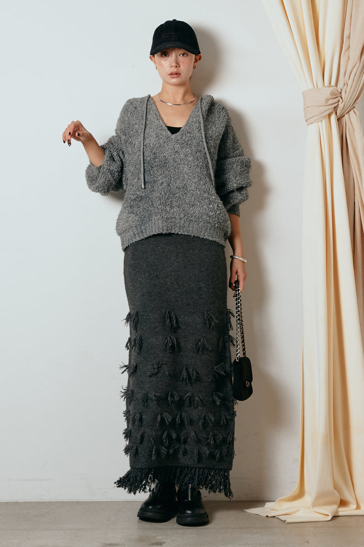 [SET]ブークレキーネックプルオーバー+ポイントフリンジニットナロースカート(2set)