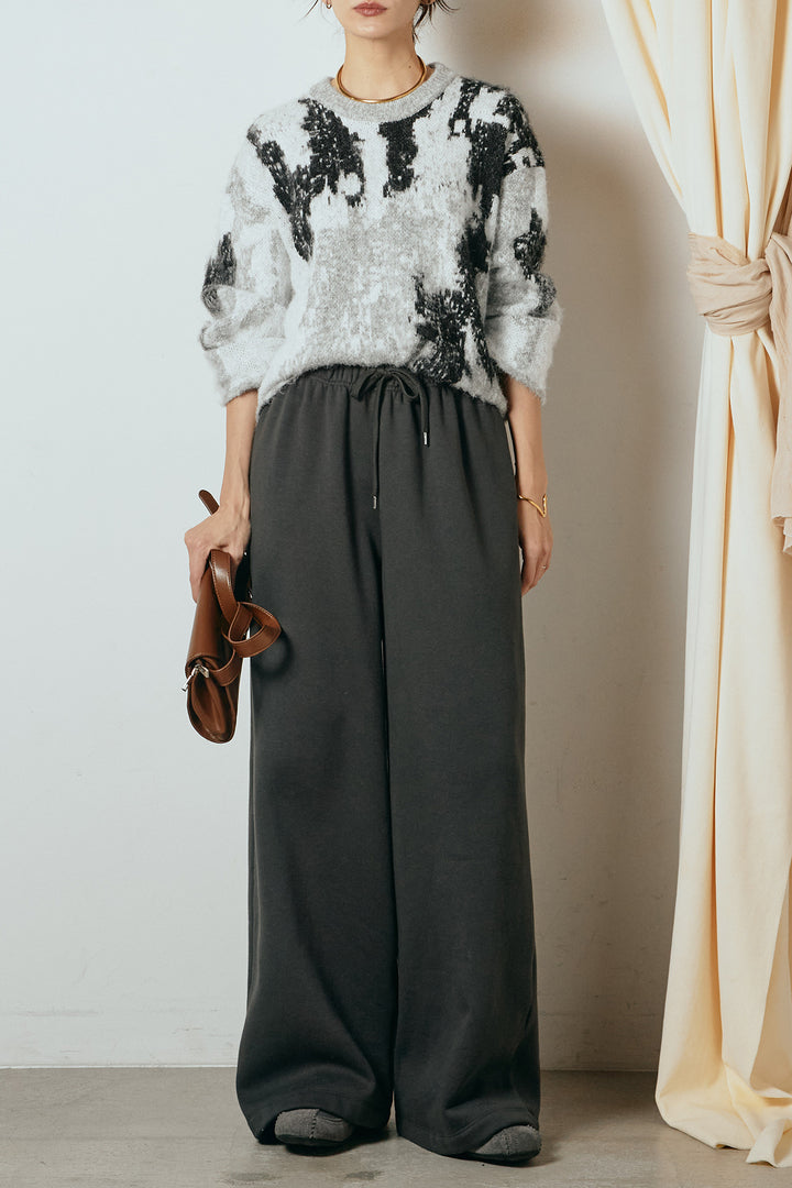 [SET]起毛ニュアンス柄ニットプルオーバー+裏起毛スウェットワイドパンツ(2set)