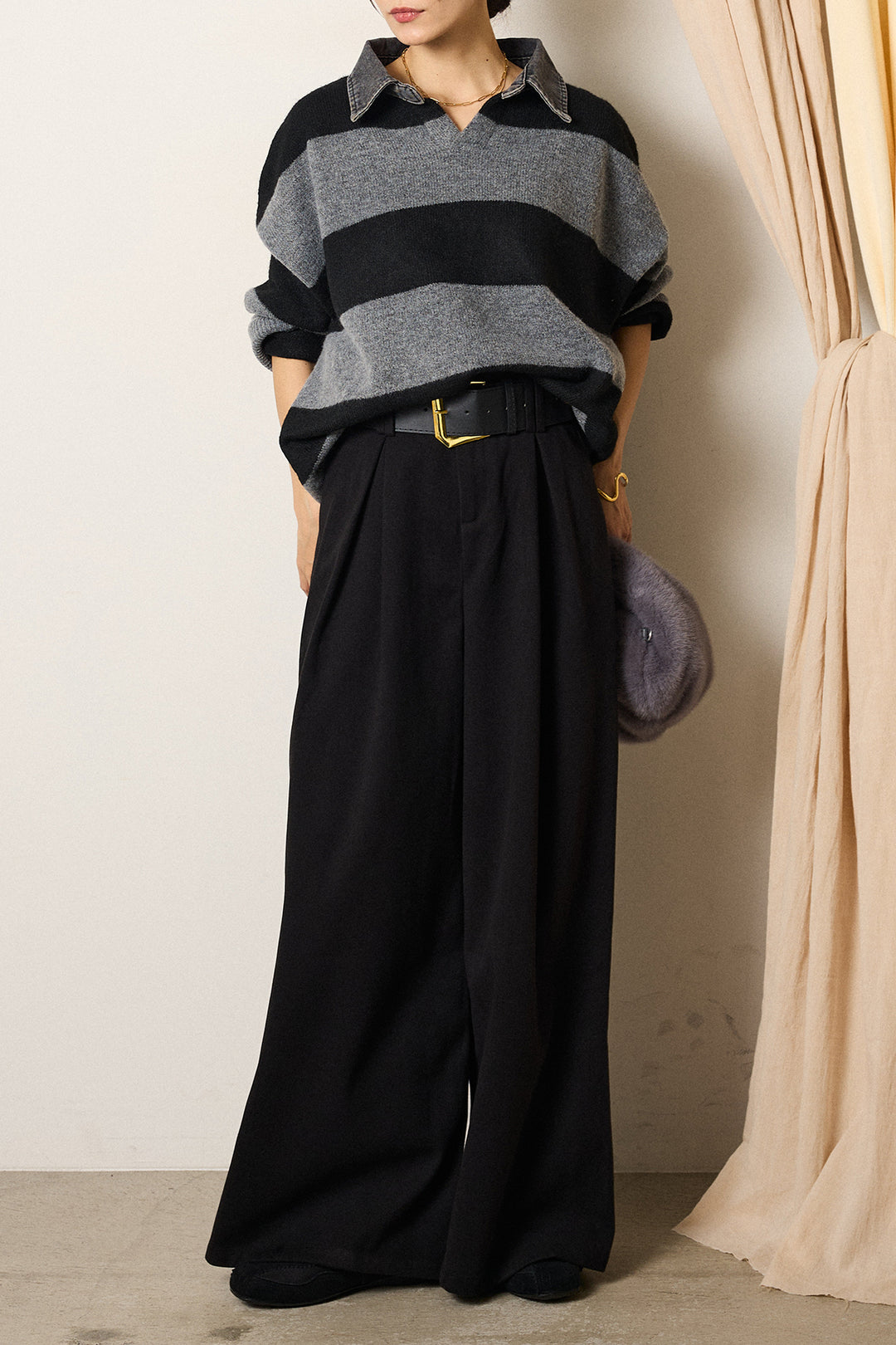[SET]デニムカラーボーダールーズニット+ゴールドバックル太ベルト付きワイドパンツ(2set)