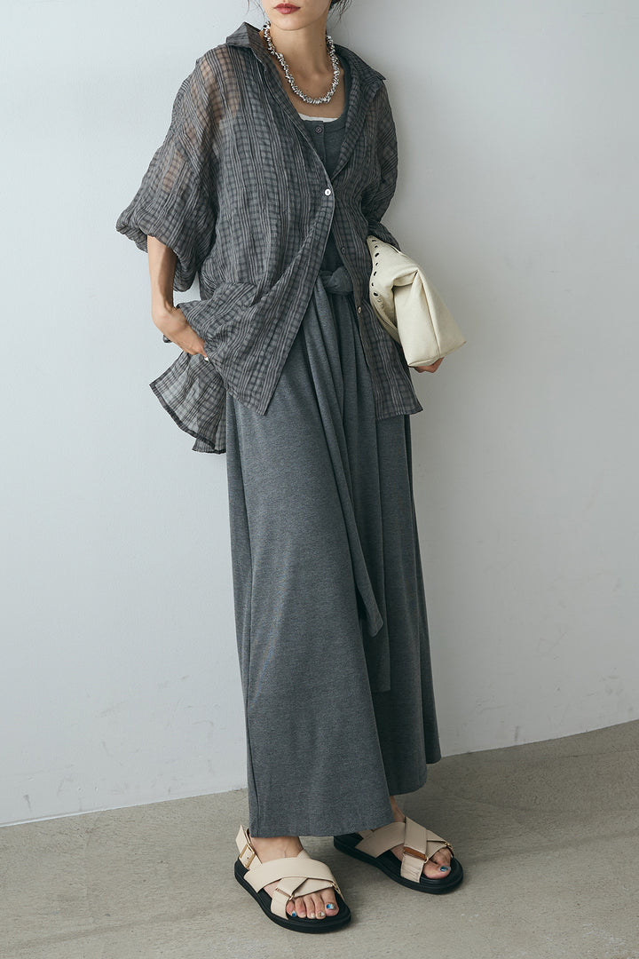 [SET]シアーマルチチェック柄シャツ+ウエスト巻きリブロングワンピース(2set)