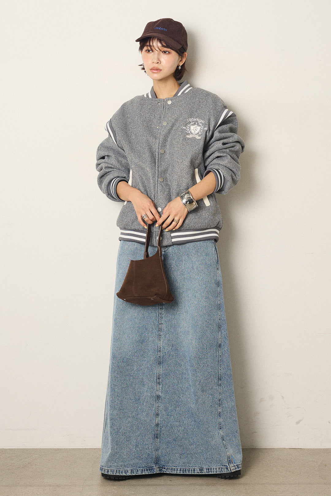 [SET]ワンポイントデザインブルゾン+デニムロングフレアスカート(2set)