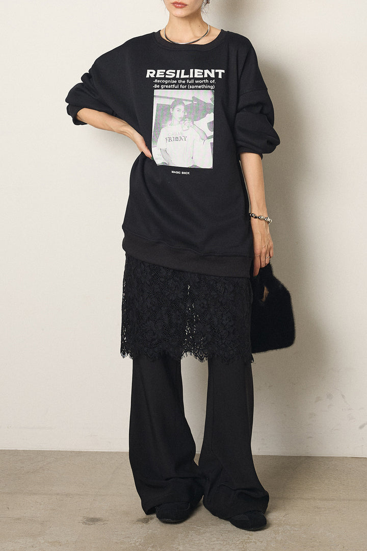 [SET]モノトーンプリントスウェット+レース刺繍レイヤードフレアパンツ(2set)