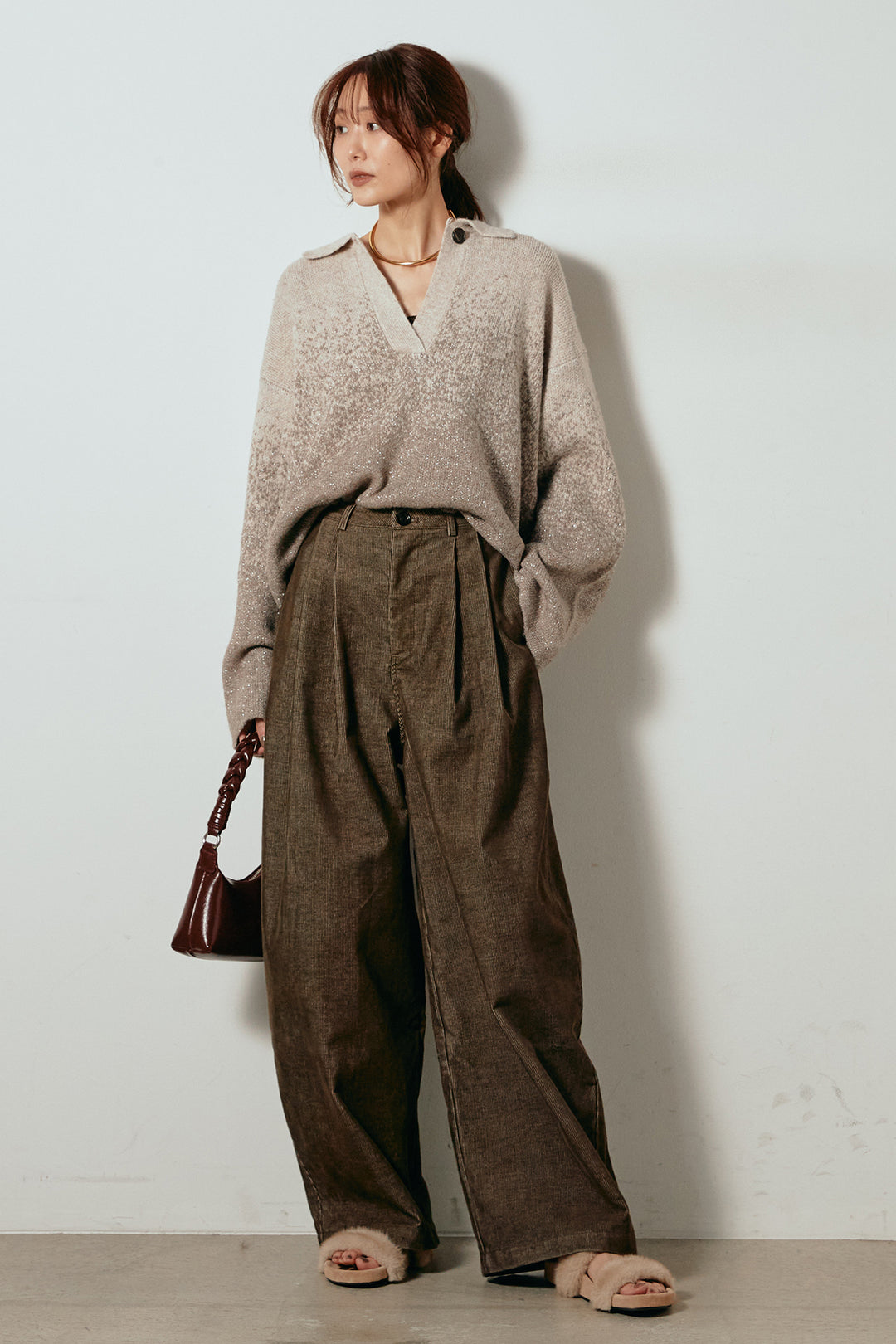 [SET]グラデーションラメニットキーネックプルオーバー+フロントタック入りコーデュロイパンツ(2set)