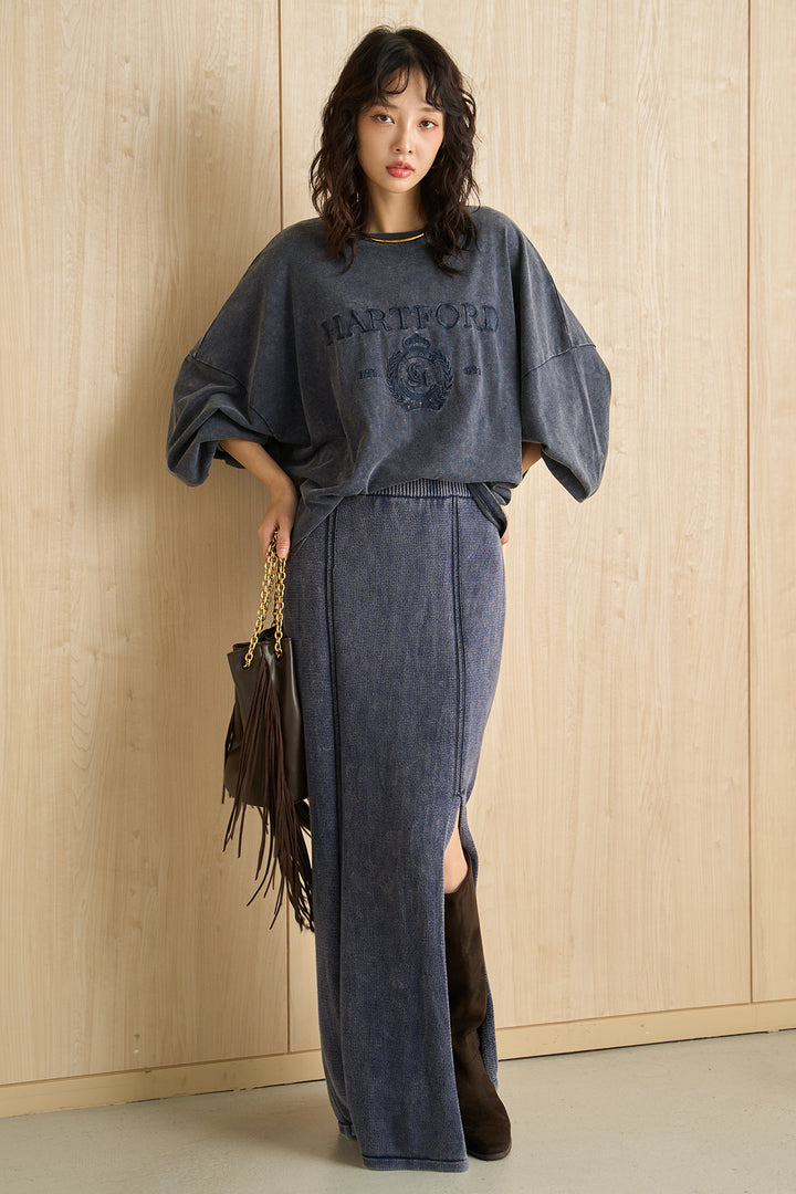 [SET]袖ボリュームHARTFORD刺繍Tシャツ+ピグメントリラックスニットスカート(2set)