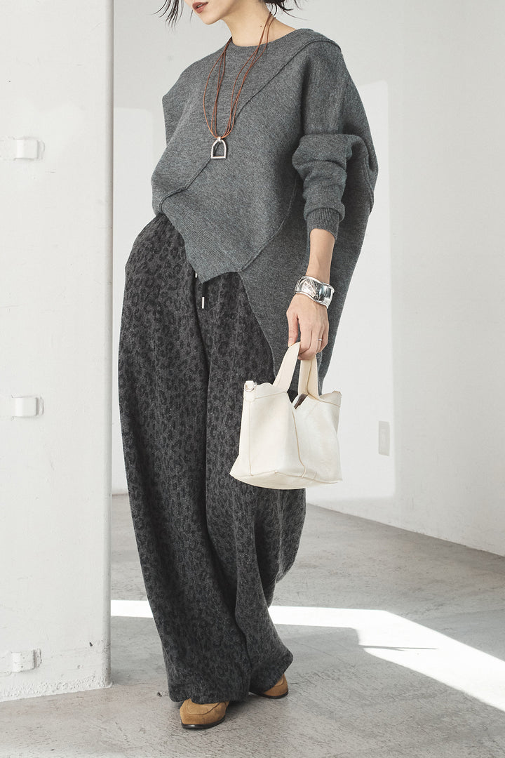 [SET]アシンメトリーデザインニットトップス+リラックスレオパード柄ワイドパンツ(2set)