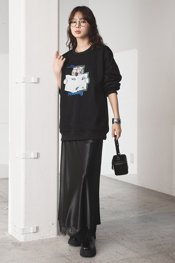 [SET]裏起毛モーニングキャットプリントスウェット+裾レースデザインサテンスカート(2set)