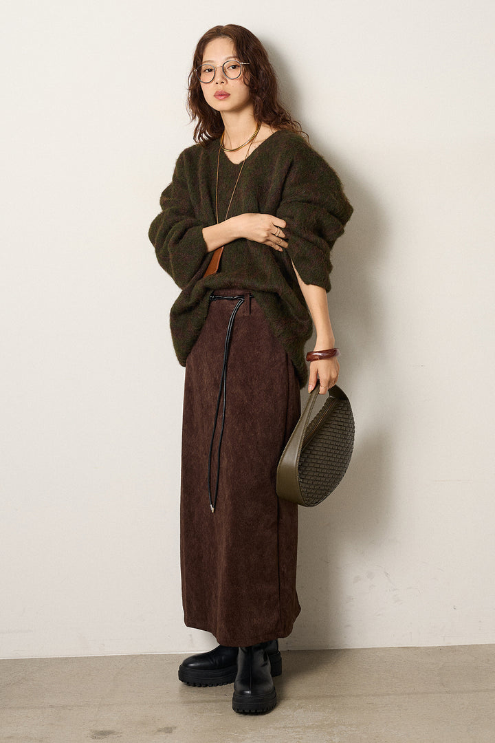 [SET]フラッフィーレオパードシャギーニット+ロープベルト付きスウェード調スカート(2set)