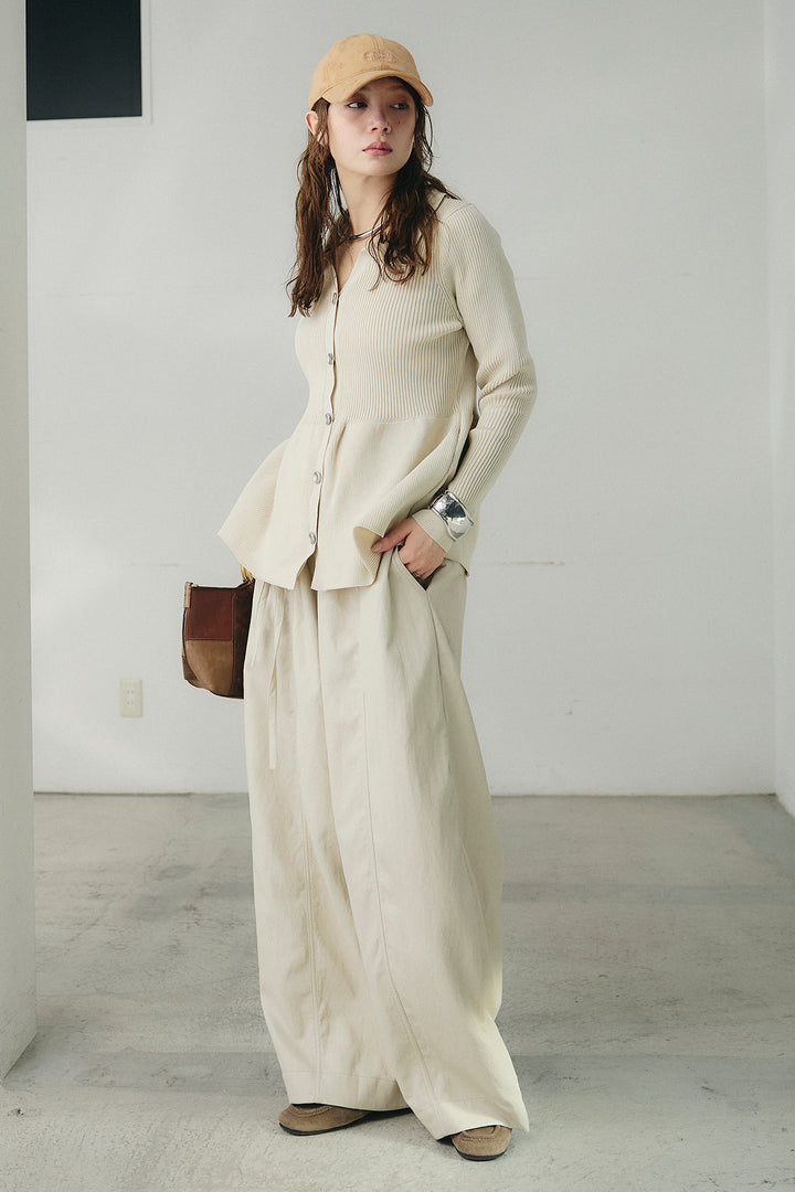 [SET]スキッパーペプラムニット+フェイクレザーカーブワイドパンツ(2set)