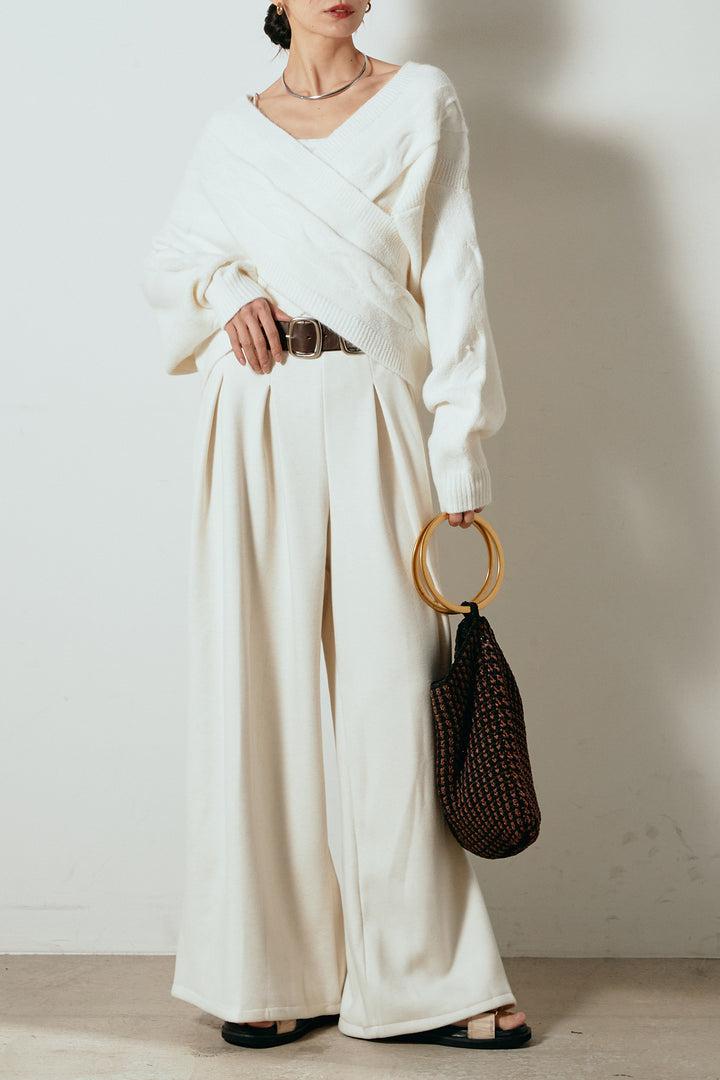 [SET]ケーブルカシュクールニットトップス+フェイクレザー太ベルト付きタックワイドパンツ(2set)