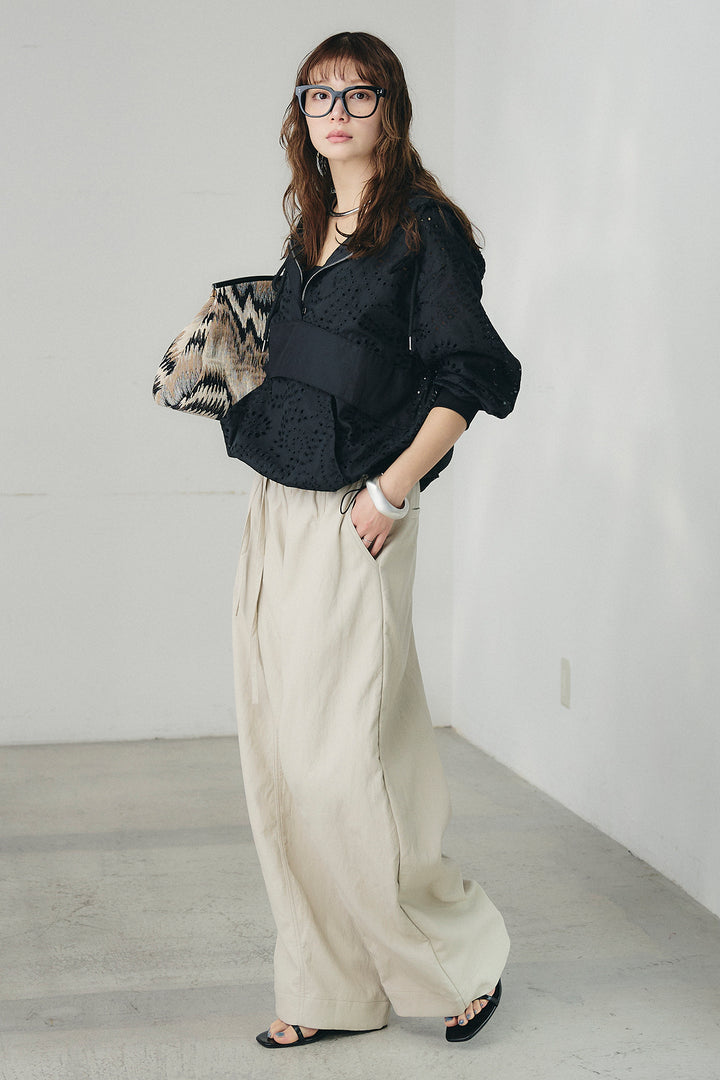 [SET]レースハーフジップアップフーディー+フェイクレザーカーブワイドパンツ(2set)