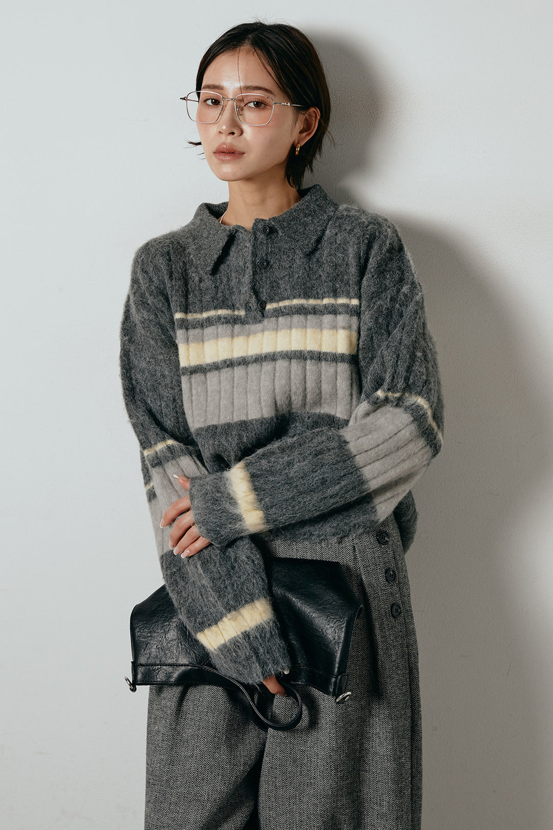 アルパカタッチボーダーポロニット/チャコール