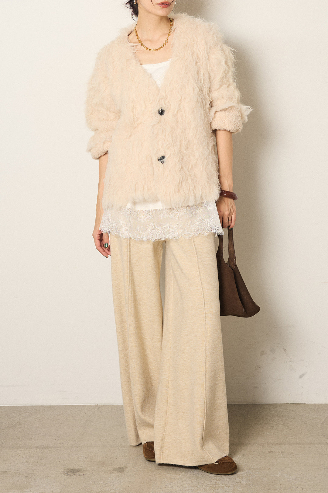 [SET]起毛シャギーニットカーディガン+センターラインニットパンツ(2set)