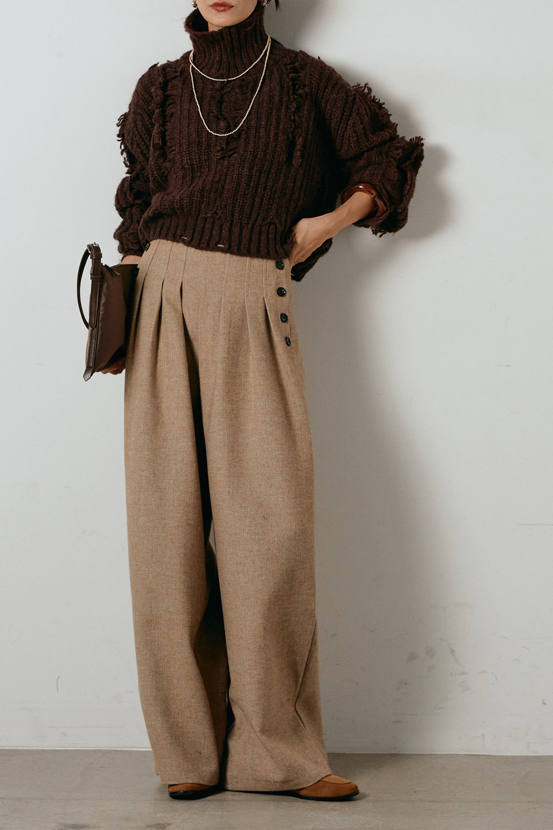 [SET]フリンジタートルショートニット+サイドボタンツイードタックパンツ(2set)