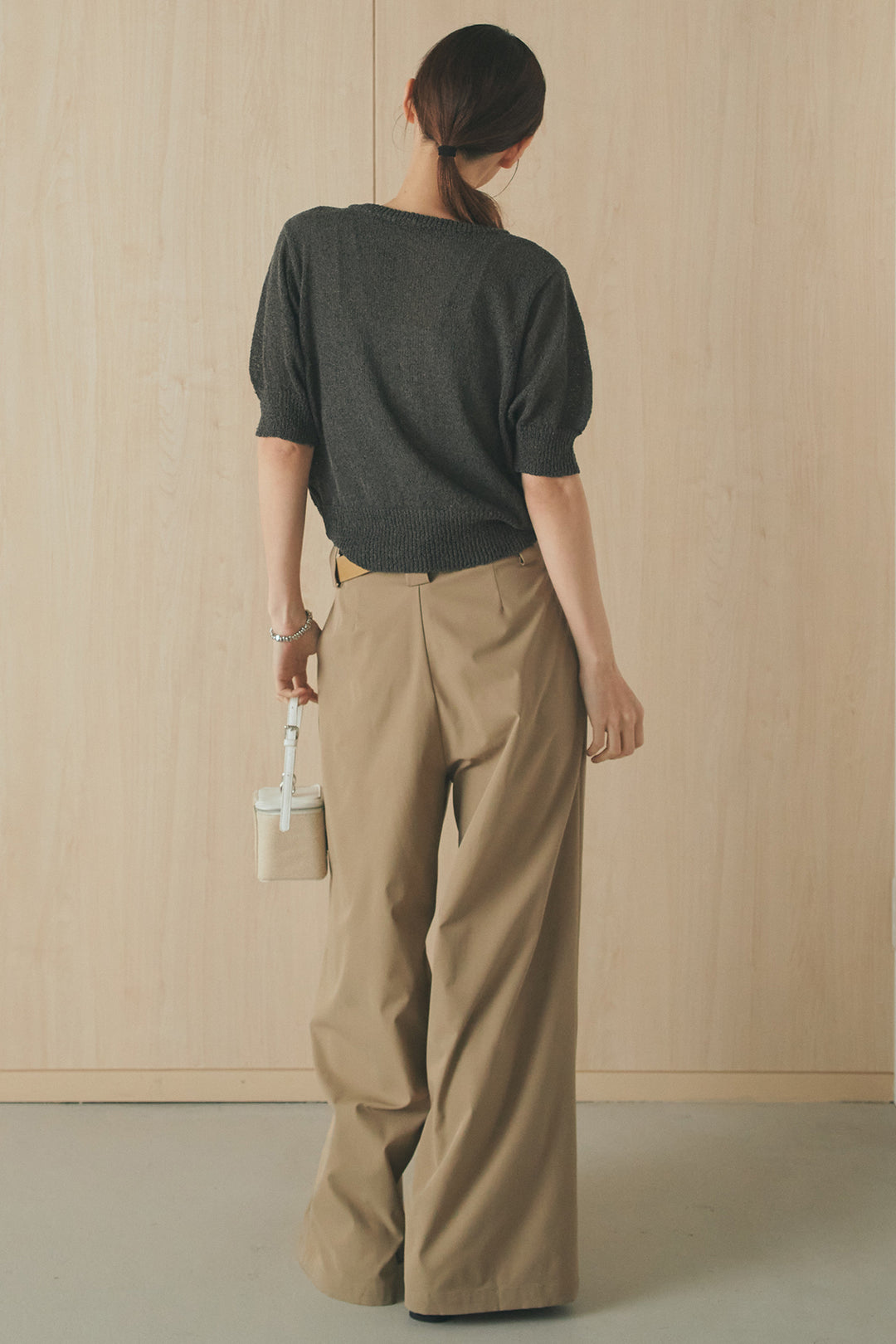 [SET]フロントテープデザイン半袖カーディガン+ベルトループデザインハイウエストタックパンツ(2set)