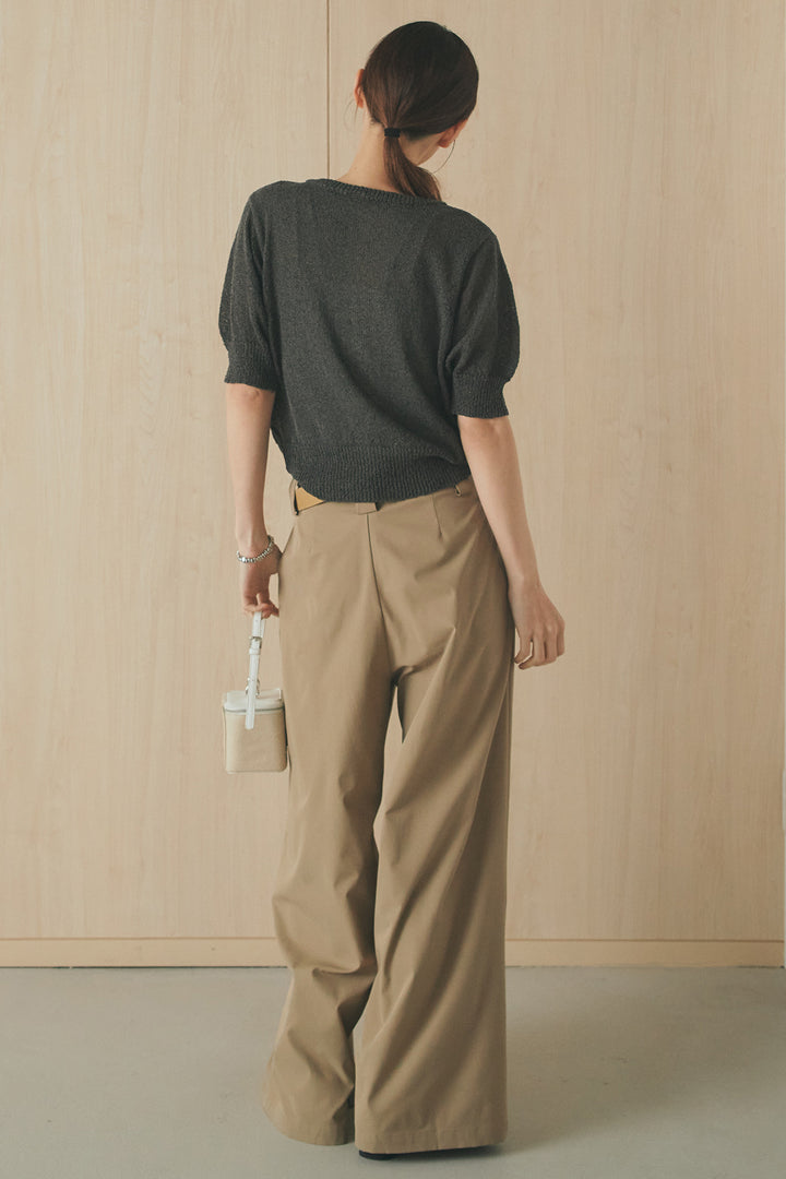 [SET]フロントテープデザイン半袖カーディガン+ベルトループデザインハイウエストタックパンツ(2set)
