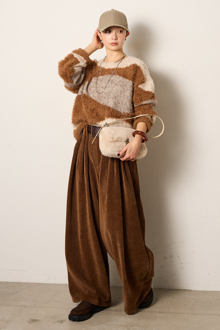 [SET]シャギーウェーブ柄クルーネックニットトップス+ベルトループコーデュロイワイドパンツ(2set)