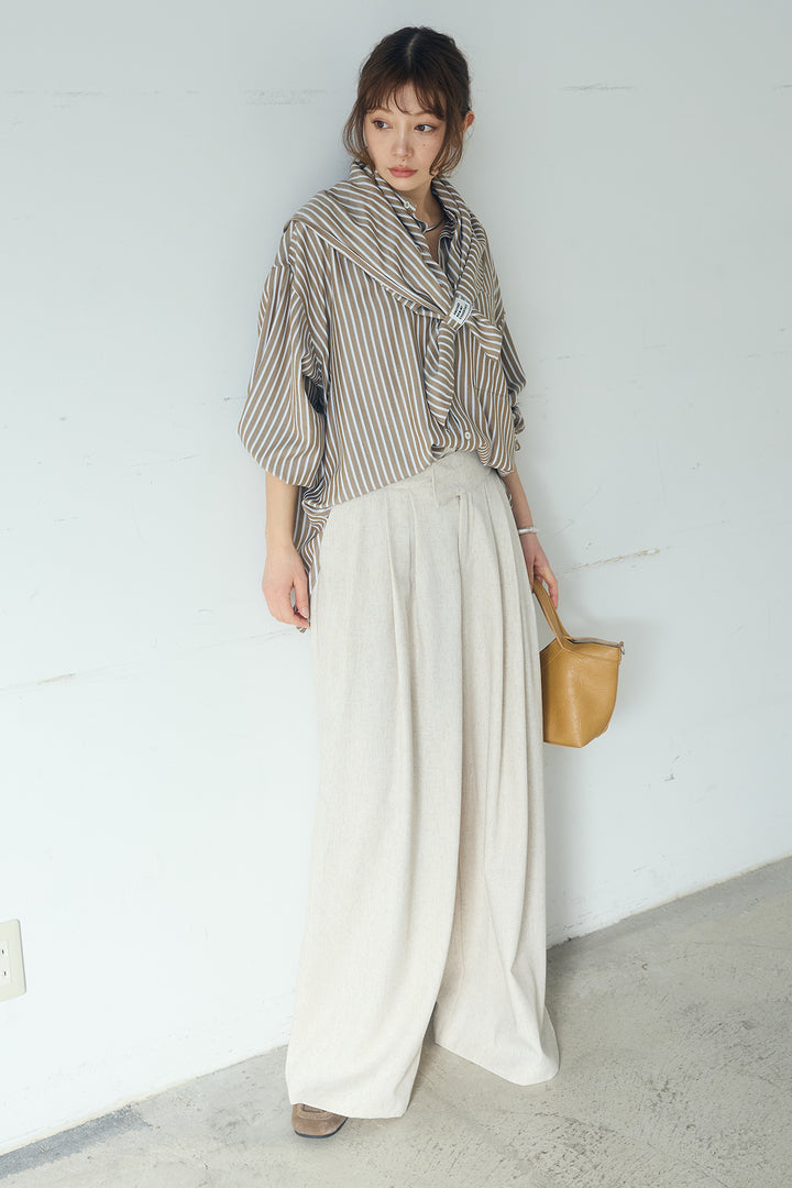 [SET]レーヨンストライプスカーフ+麻混タックワイドパンツ+レーヨンストライプバンドカラー長袖シャツ(3set)