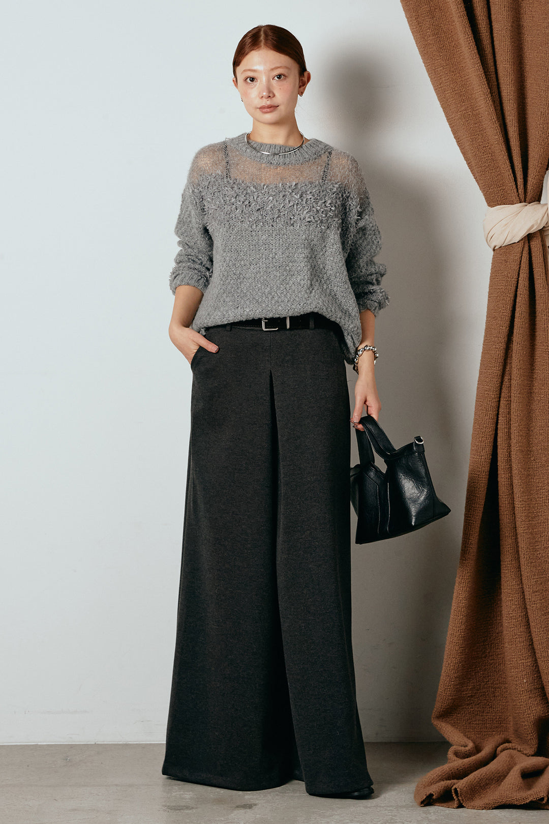 [SET]パターンランダム編みニットトップス+ベルト付きフロントタックデザインパンツ(2set)