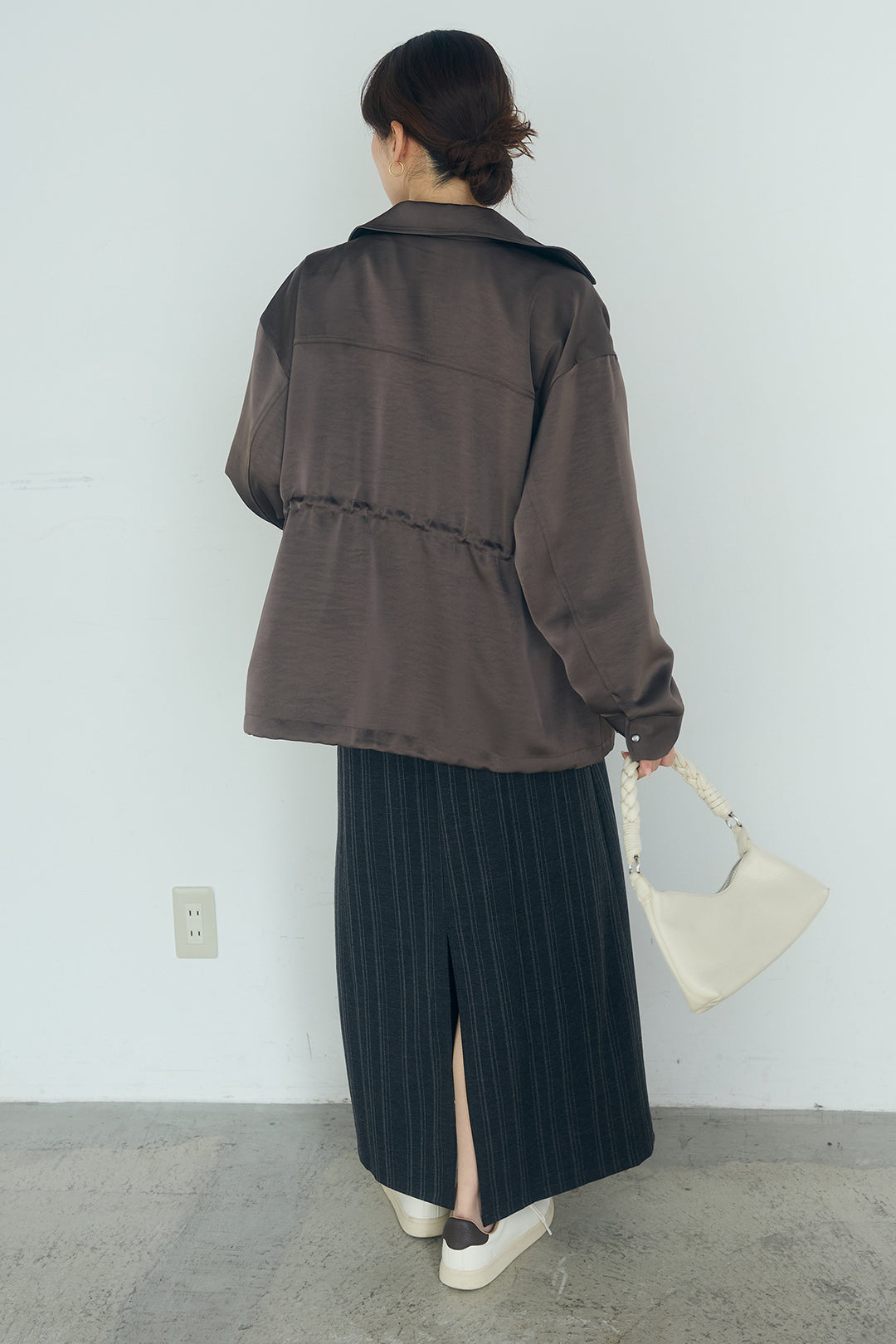 [SET]サテンライトブルゾン+ラップ巻きピンストライプワイドスカート(2set)