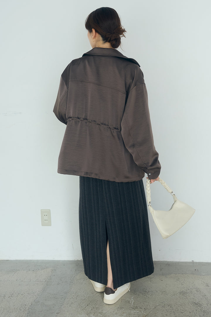 [SET]サテンライトブルゾン+ラップ巻きピンストライプワイドスカート(2set)