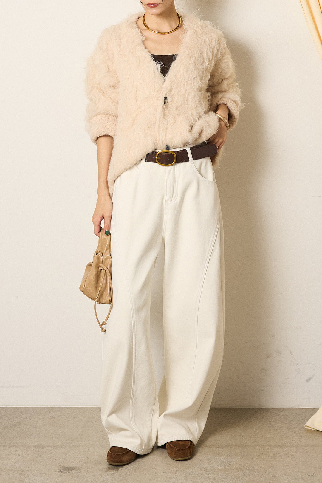[SET]起毛シャギーニットカーディガン+ベルト付きカジュアルカーブワイドパンツ(2set)