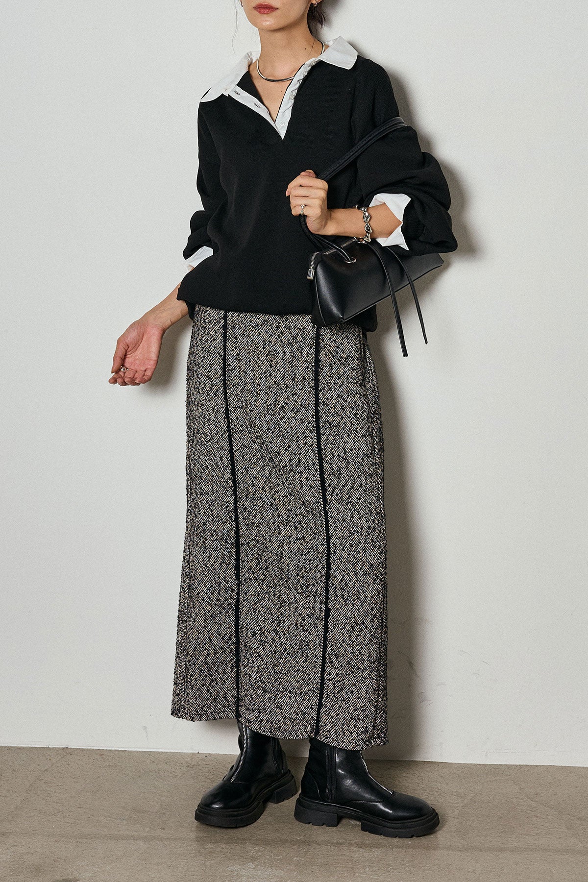 SET]襟付きポロトップス+ラインツイードワイドスカート(2set