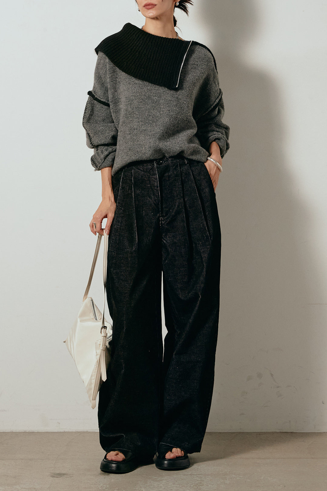 [SET]ハイネックジップデザインニットトップス+フロントタック入りコーデュロイパンツ(2set)