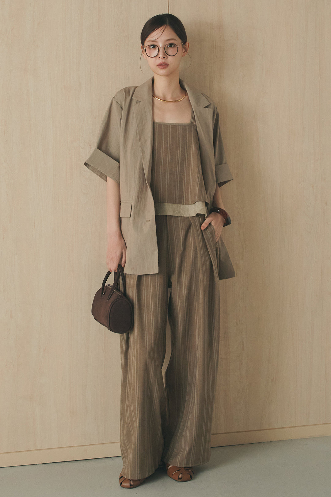 [SET]リネンストライプレイヤードキャミ+リネンストライプタックワイドパンツ(2set)