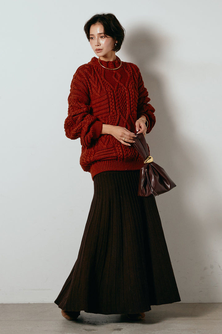 [SET]アラン柄ミックスケーブルニット+編み地切り替えフレアニットスカート(2set)