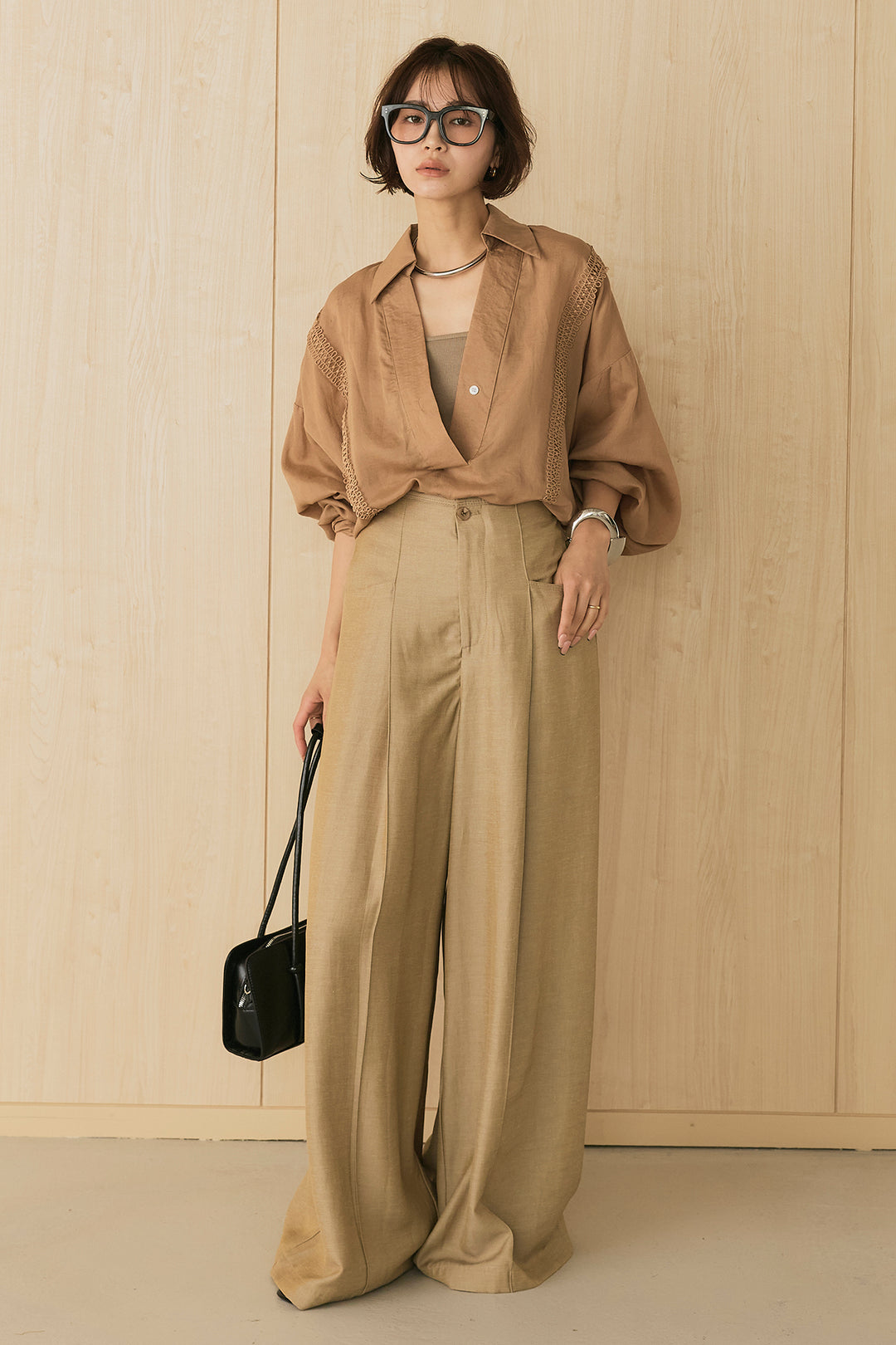 [SET]テンセルラミーハシゴレースシャツ+麻混サイドデザインハイウエストパンツ(2set)